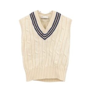 Tory Burch Cable Knit Sweater Vest Cream Ivory V Neck Striped Wool Blend